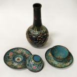 CLOISONNE VASE, 2 CUPS & SAUCERS A/F