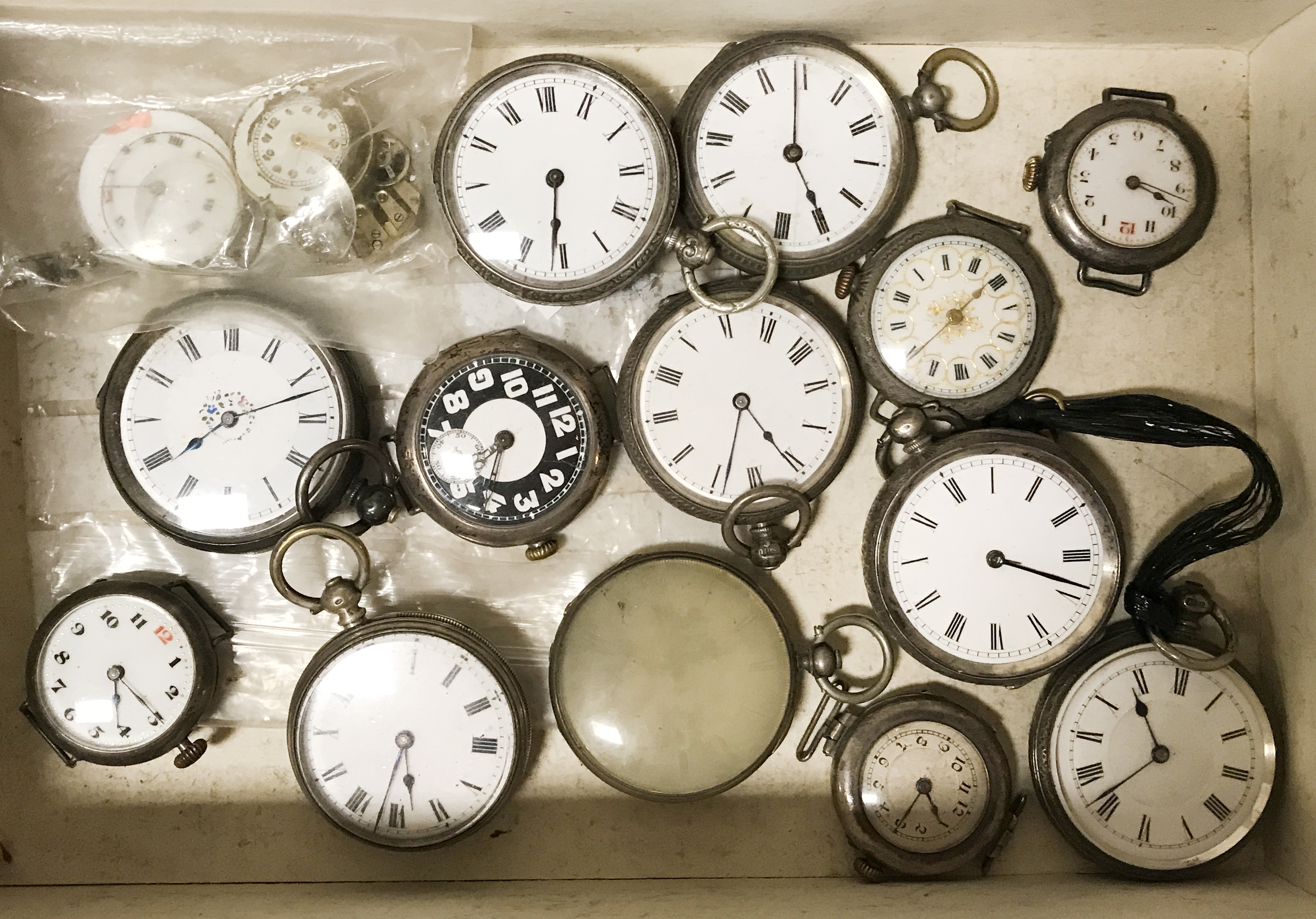 COLLECTION OF H/M SILVER POCKET WATCHES ETC