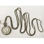 SMALL HM SILVER POCKET WATCH, CRACKED FACE WITH LONG SILVER CHAIN - 54 INCHES