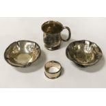 2 H/M SILVER PIN DISHES WITH A SILVER NAPKIN RING AND H/M SILVER TANKARD