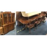 YEW DINING TABLE, 6 CHAIRS & SERPENTINE CABINET