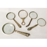 5 EARLY MAGNIFYING GLASSES - 1 SILVER & SOME SILVER CONTENT ON OTHERS