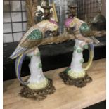 PAIR BRONZE & PORCELAIN PARROT CANDLESTICKS 42CMS (H)