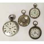 4 HM SILVER POCKET WATCHES INCL. 3 LADIES FOB WATCHES, 1 J.W BENSON - SIGNED ON THE MOVEMENT &