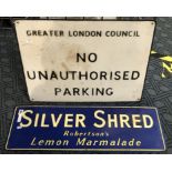 TWO OLD SIGNS - SILVER SHRED & NO PARKING SIGN