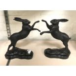 PAIR BRONZE BOXING HARES ON MARBLE BASES 30CMS (H)