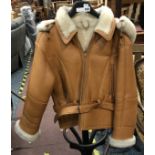LEATHER FUR HOODED JACKET SIZE M - IN TAN