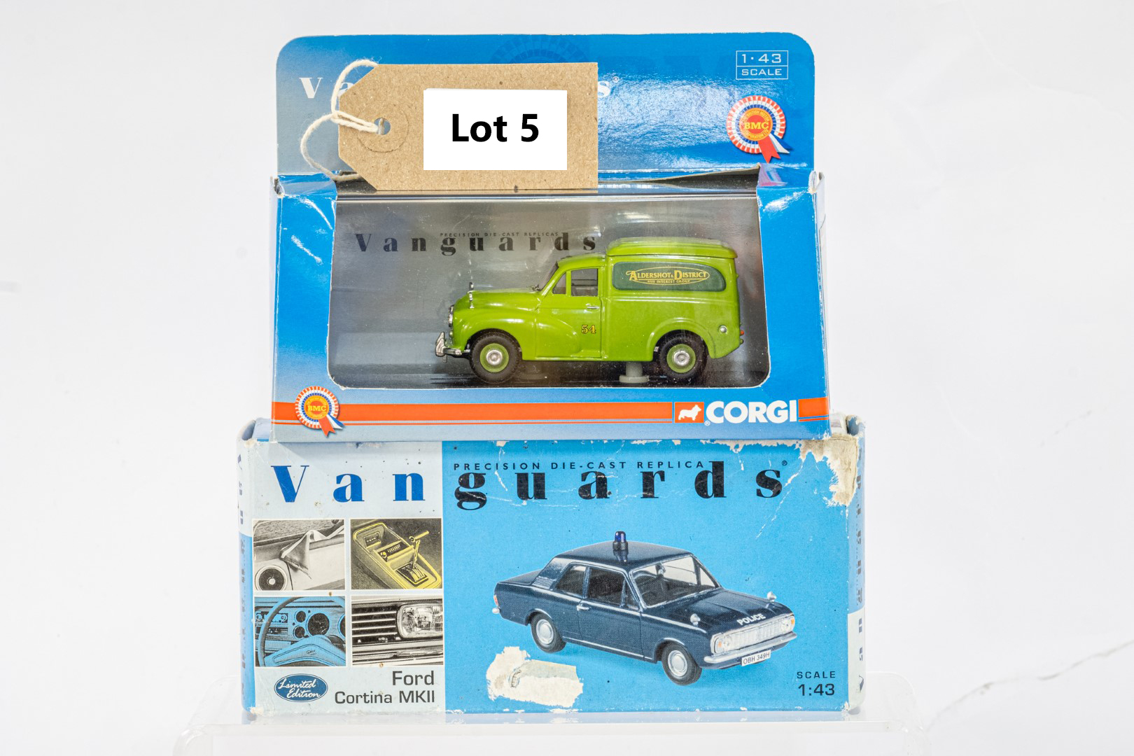 Vanguards 2 Boxed Car Models - Morris Minor Van - Aldershot / Ford Cortina MKII - Thames Valley Poli