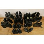 Thirteen pairs of binoculars, mainly cased, to include Ross and Helios-Prinzlux.