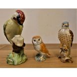 Three Beswick birds, a Kestrel, a Barn Owl and a Green Woodpecker (3).