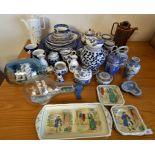 A collection of blue and white china, a collection of Hornsea pottery, two ships in a bottle, a