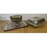 A large electroplated entree dish, 60 cm across the handles, a two handled tea tray and an egg