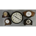 A Smiths bakelite circular wall clock, converted to battery, a painted laquer mantle clock and three