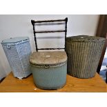 3 wicker linen baskets - demi-lune, corner and hexagonal. Together with a mahogany towel rail. (2)