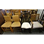 A set of 4 pine dining chairs, 3 mahogany dining chairs and a cane backed arm chair. (8)