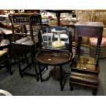 A mahogany commode, oak sewing box on barley twist supports, mahogany tripod occasional table,