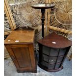 A mahogany tripod plant stand, an oak pot cupboard and a mahogany corner display cabinet 67 cm