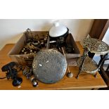 A brass two tier table, copper kettle, oil lamp, scales, and a quantity of brass round door