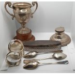 A silver capstan inkwell, Chester 1907, a silver Billiards Cup, Birmingham 1934, three silver napkin