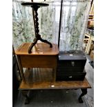 A burr walnut coffee table, mahogany tripod wine table with barley twist stem an oak sewing box,