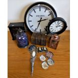 A stained glass & white metal wall hanging candlestick, together with a large retro wall clock,