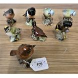 Eight Beswick birds, 2 x Blur Tits, a Stonechat, a Chaffinch, a Goldcrest, a Wren, a Goldfinch and a