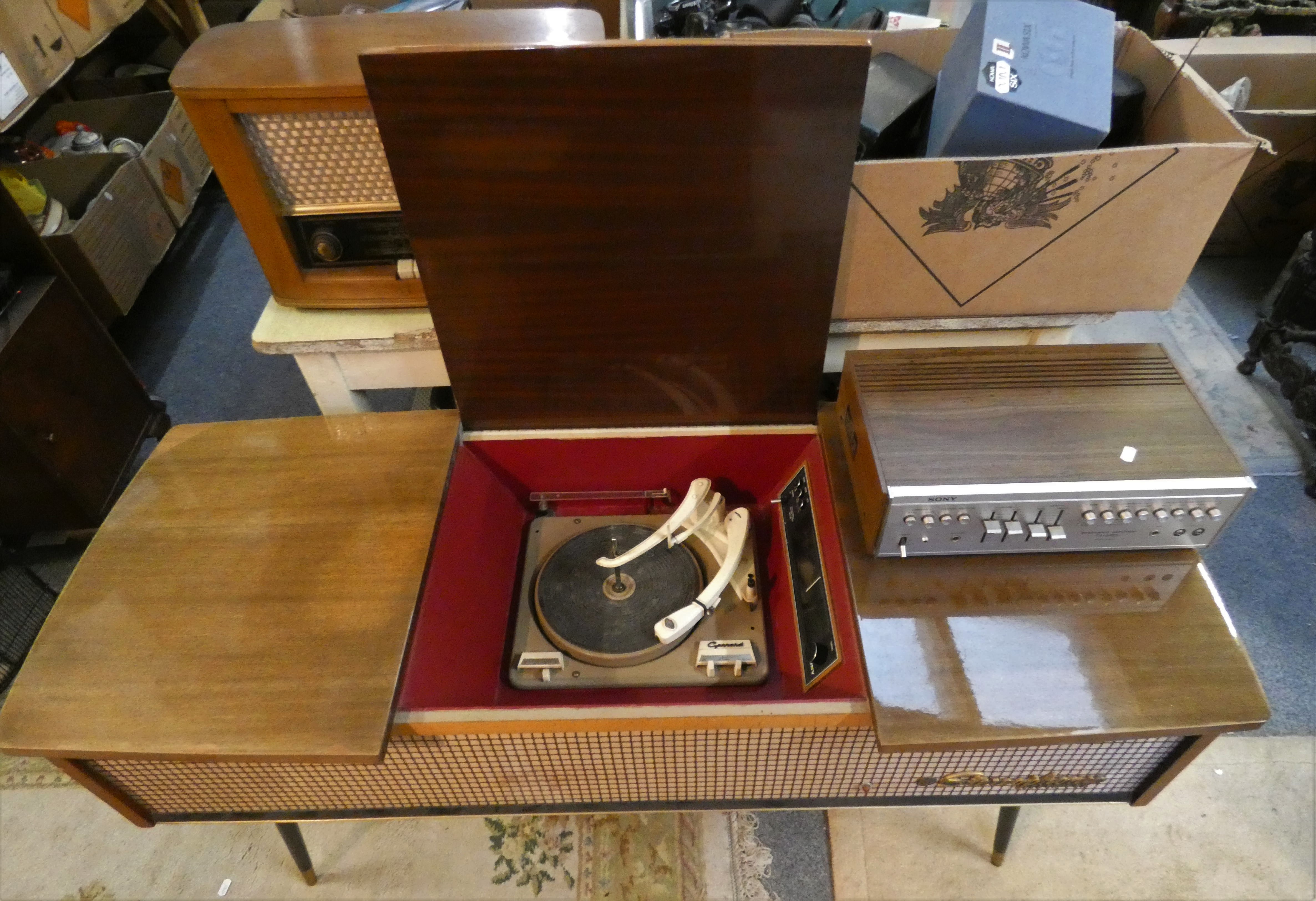 A Pye Stereophoe Black Box radiogram with Garrad deck, with additional Sony integrated amplifier