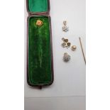 A Victorian gold and diamond set stickpin, a 9ct gold and Connemara marble clover leaf charm and