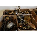 Brass & copper wares, including candlesticks, oil lamps, scales, blow lamp, pans, utensils,