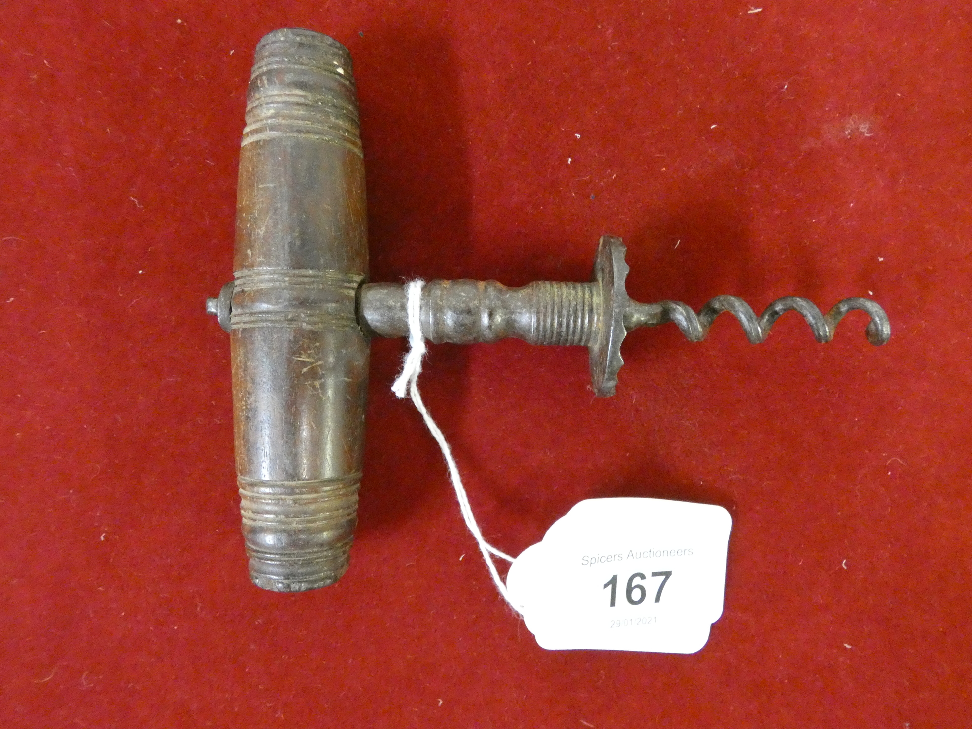 A Victorian Henshaw type direct pull corkscrew, the rosewood handle lacking the hair.