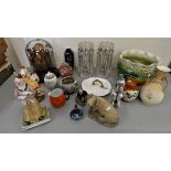 A pair of lustres, jardinieres, Doulton tea caddy, mushroom lamp, ginger jars, still life fruit