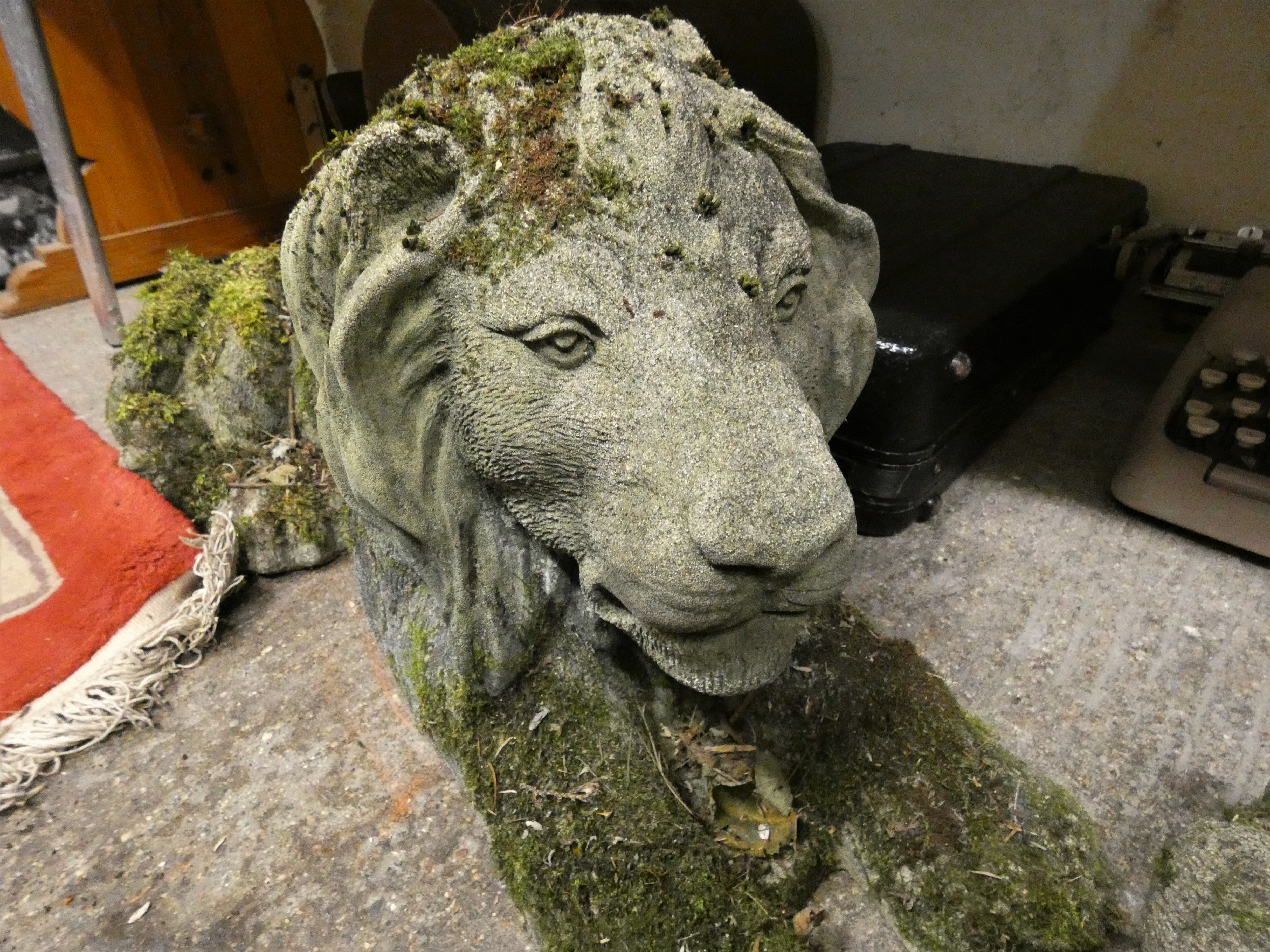 A pair of reconstituted stone lion statutes, several losses, 70 cm length. (2). - Image 2 of 3