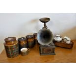 Hornsea pottery storage jars, Wedgewood cups & saucers, gilt candlestick in the form of a cherub,