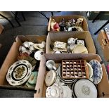 four boxes of miscellaneous china, including tableware, military figures, boissons thimbles in rack,