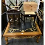 A satinwood and scrolling metalwork framed coffee table with bevel edged glass top 100 x 100 cm,