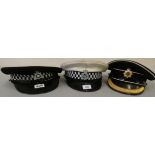 Two South Yorkshire Police visor caps and a Royal Corps of Transport visor cap (3).