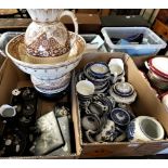 A collection of Booths Old Willow pattern blue and white china, other similar and a dressing table