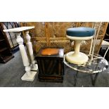 A circular glass top games table, tubular white painted metal plant stand, a Friedrich Stuckenbroker