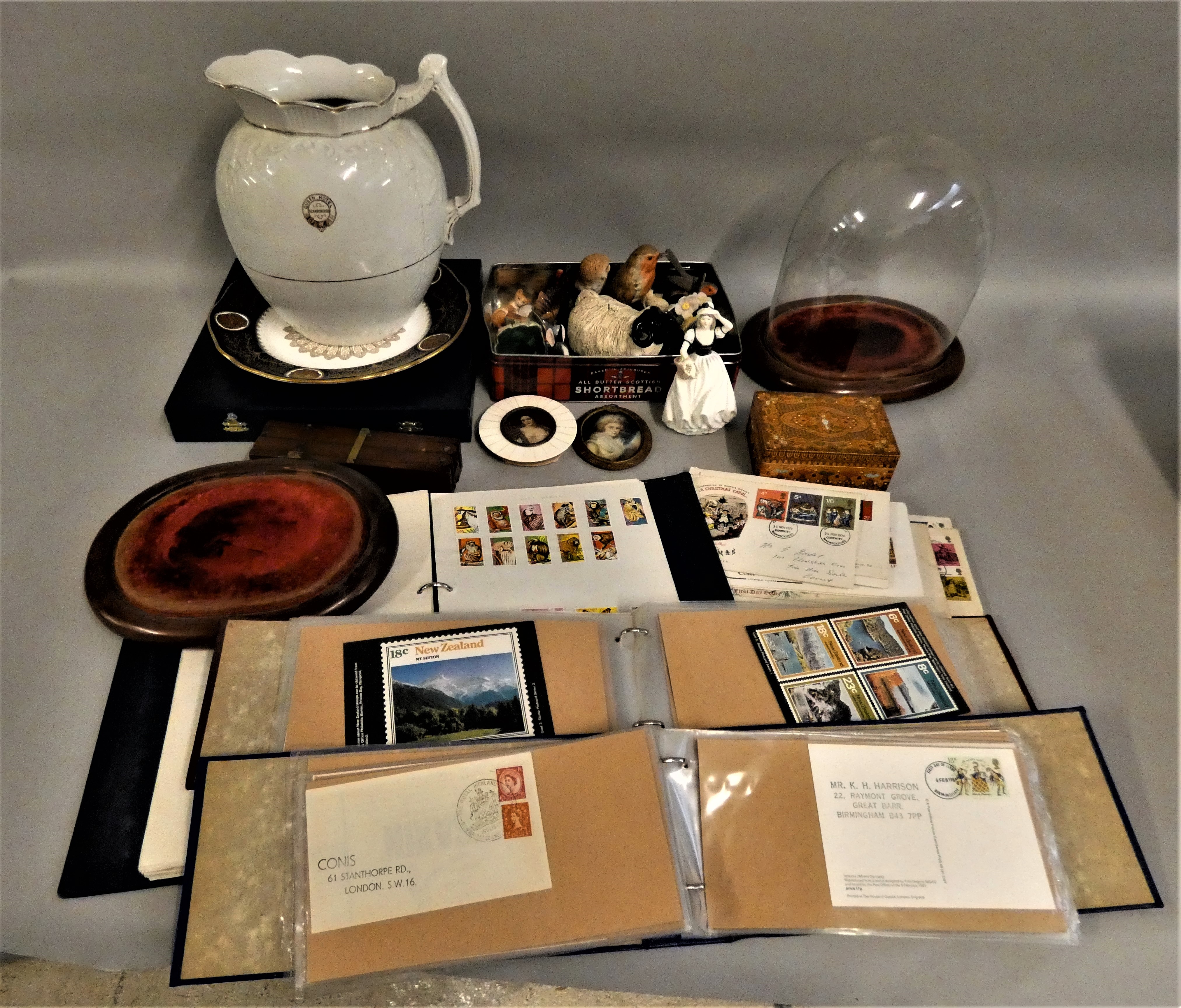 Glass dome on base, quantity of wood bases, first day covers, large ceramic jug, miniatures, Spode