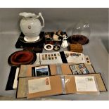 Glass dome on base, quantity of wood bases, first day covers, large ceramic jug, miniatures, Spode