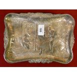 A 19th century Chinese electroplated tray, embossed and cast with two two figures in a house by a