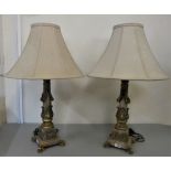 A pair of grey painted and gilt table lamps, column supports, grey shades.