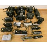 A collection of SLR camera's, to include Canon EOS 750 with 35-70mm lens, Nikon F401 body, Chion