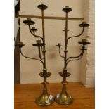 A pair of 6 light brass candelabra, 67 cm and a pair of glass chandeliers (4).