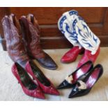 A pair of vintage Mexican ladies brown leather and snakeskin cowboy boots, US size 7.5, UK 5.5,
