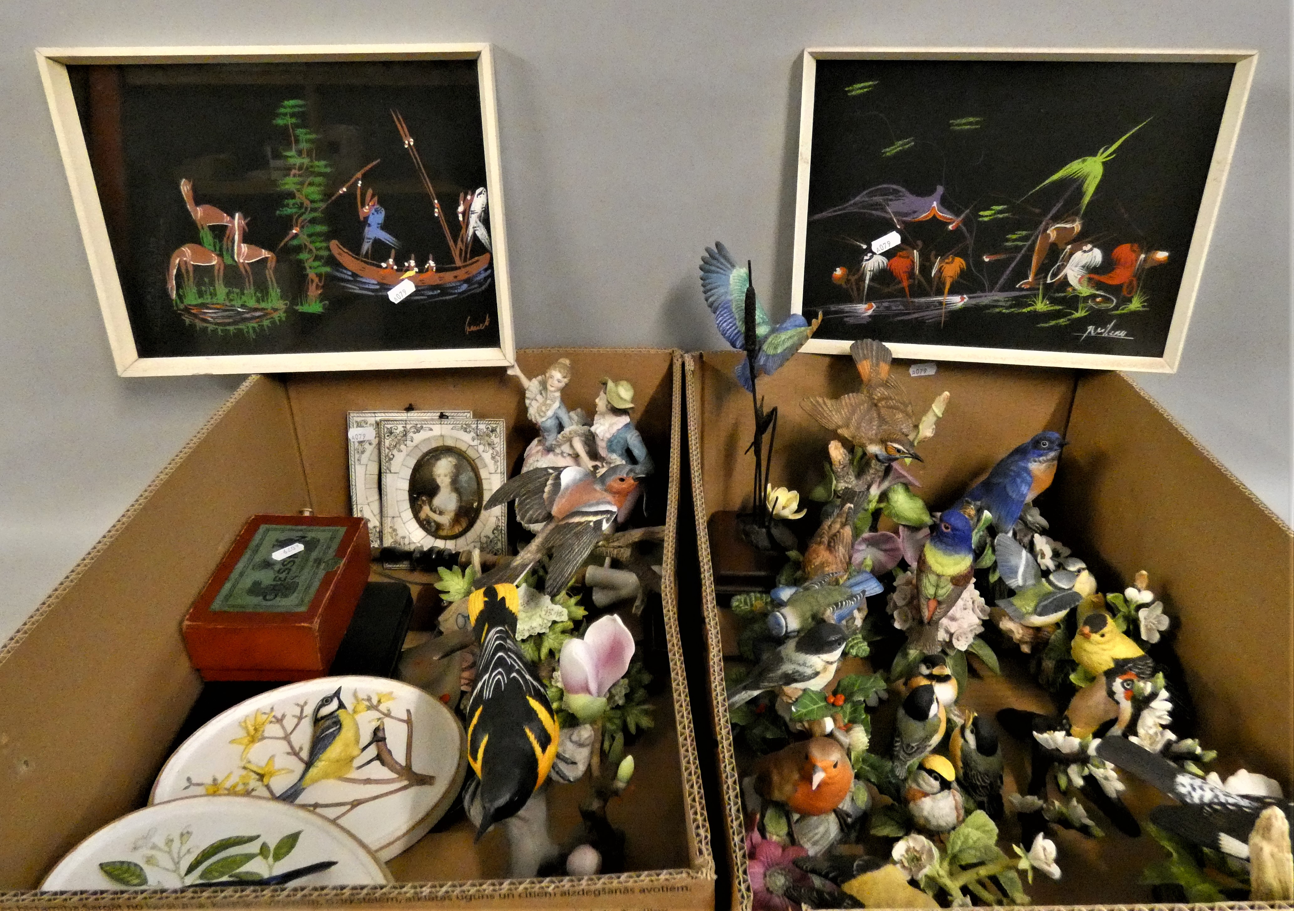 A box of bird figurines, together with wall plaques, miniatures, and prints. (2)