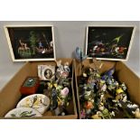 A box of bird figurines, together with wall plaques, miniatures, and prints. (2)