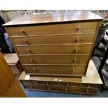 A teak 'handcraft' 5 height chest 86 x 79 x 47 cm together with a matching 2+3 low chest - 120 x