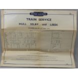 An original train time table, Hull, Selby and Leeds, 10th September 1951, 50.5 x 63.5 cm.