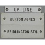 Three ivorine signal box shelf plates, Bridlington South, Burton Agnes and Upline (from Beverley